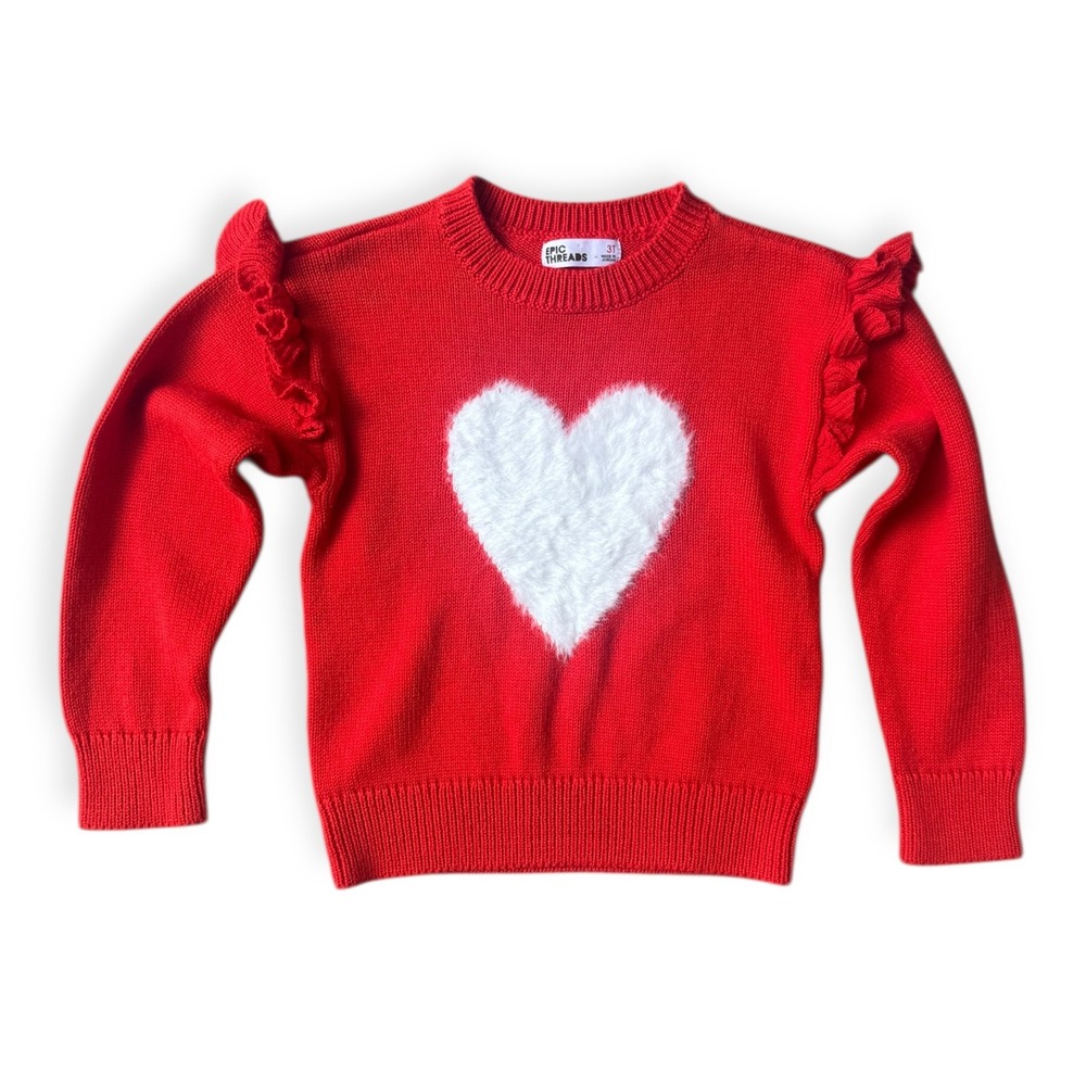 Epic Threads Girls Red Heart Sweater Ruffle Shoulder Pullover 3T Valentine's Day